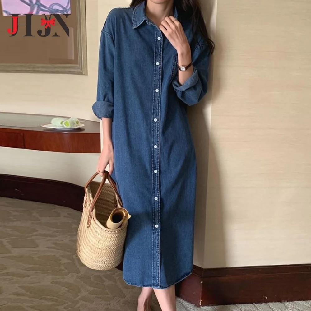 JHJN Spring Summer Women Casual Denim Shirt Dress Loose Long Sleeve Cardigan Dress Korea Ladies Womens Denim Shirt Long Dresses