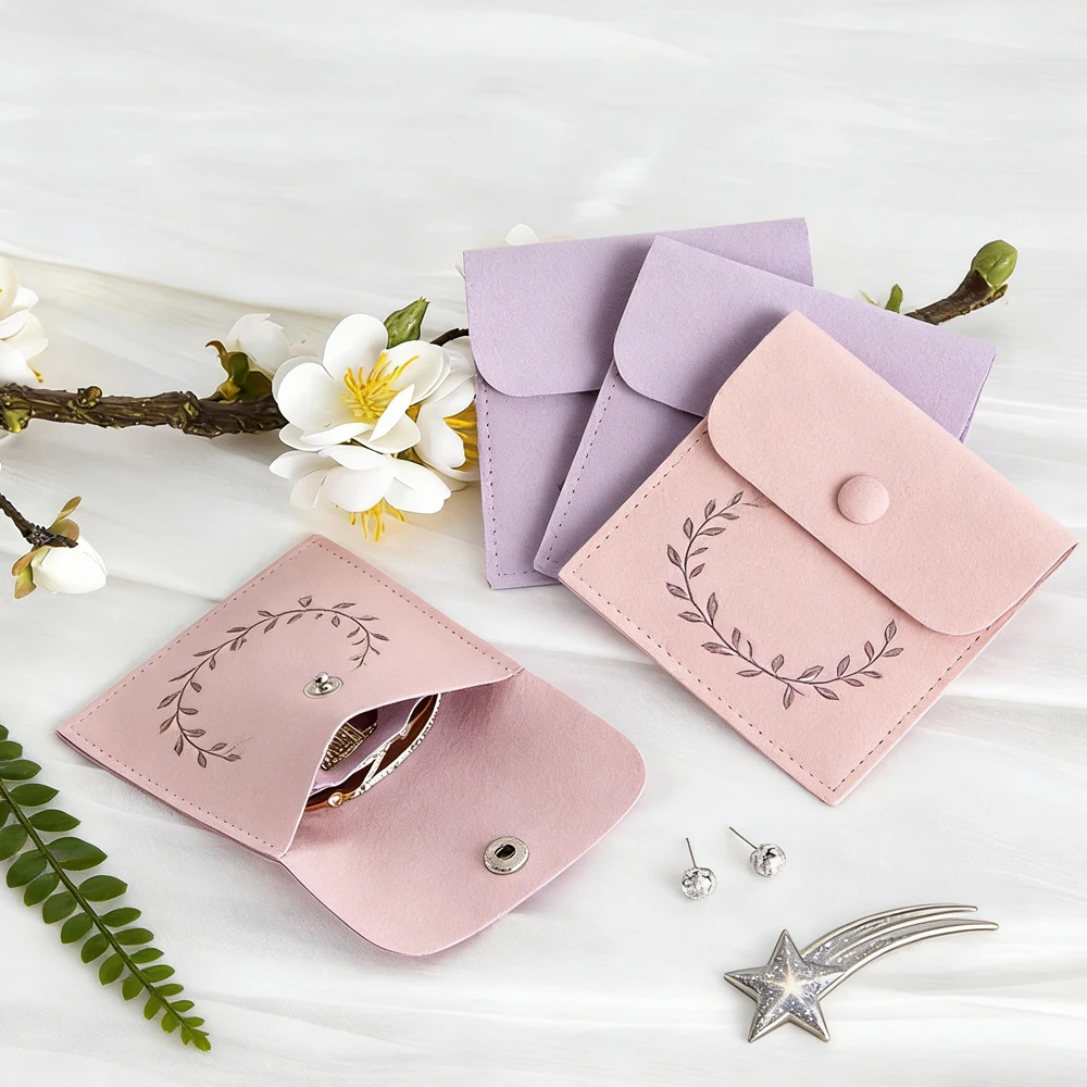 

50 Custom Logo 3x3inch Purple Snap Button Packaging Bag With Compartment Microfiber Jewelry Organiser Pouch for Rings Eaarrings