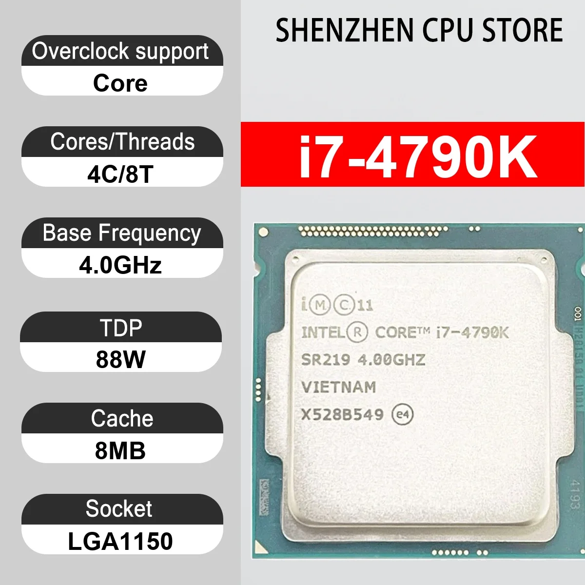 Intel Core i7-4790K 4 Core 8 Thread 4.0GHz 88W 8MB Cache 22nm LGA1150 SR219 DDR3 1333/1600 MHz Haswell HD Graphics 4600