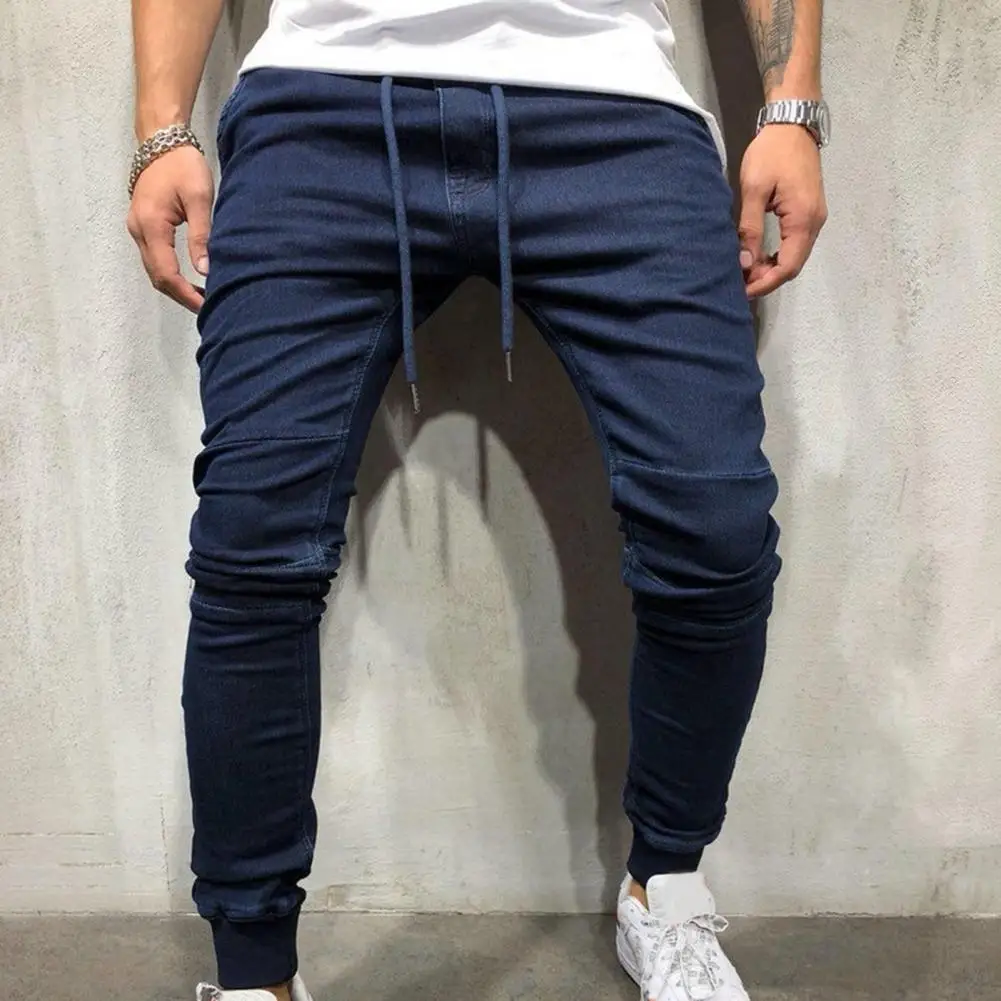 

Men Pants Jeans Breathable Slim Fashion Mid Waist Long Denim Pants Drawstring Solid Color Drawstring Solid Color Skinny Jeans