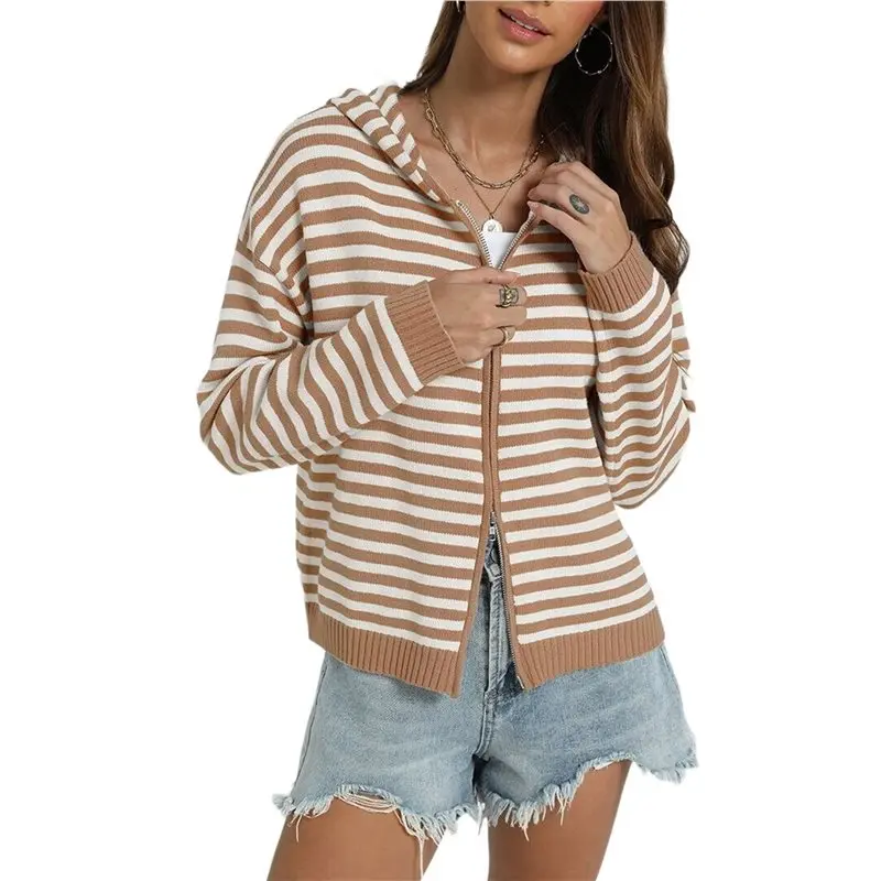 Cárdigan de punto holgado con capucha y cremallera a rayas para mujer, color caqui, talla M
