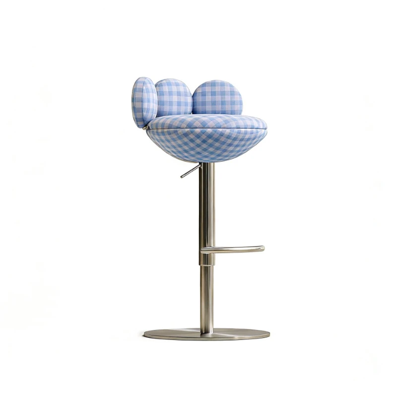 

Simple modern stainless steel dining chair, blue plaid soft-wrapped bar chair, fabric high-footed Italian style