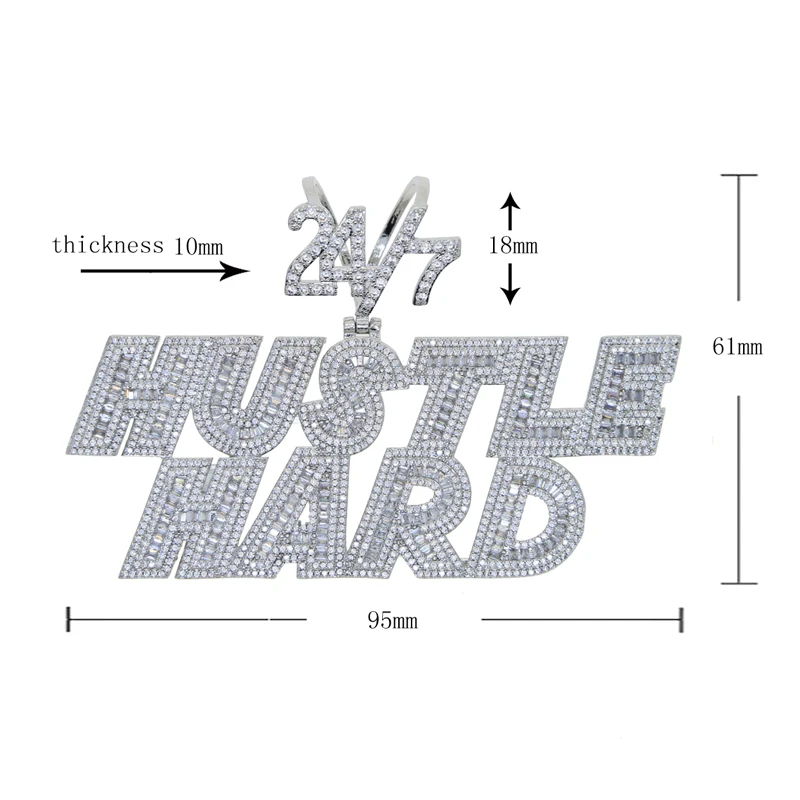 Custom Name Necklace Hustle Hard Letter with Rope Chain Iced Out Bling 5A Cubic Zirconia Cz  Paved Fashion Hiphop Rock Jewelry