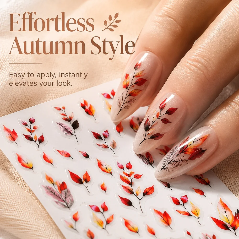 1Pc Ins Aesthetic Autumn Nail Stickers Fall Watercolor Maple Leaf Self‑Adhesive Decals For Holiday & Daily Nail Art Design