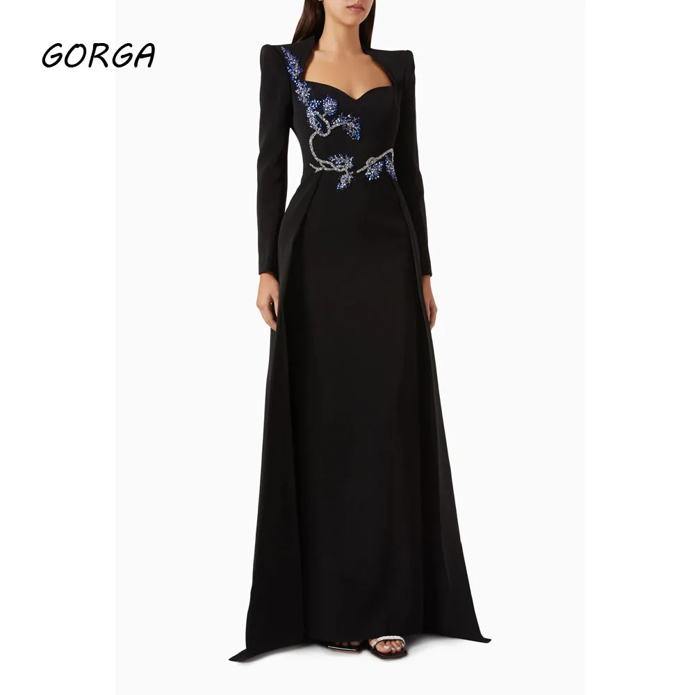 

GORGA Customized Black Beading Scalloped Neck Crepe Formal Evening Dress Slim A-Line Prom Dress 2025 Long Sleeves Party Dress