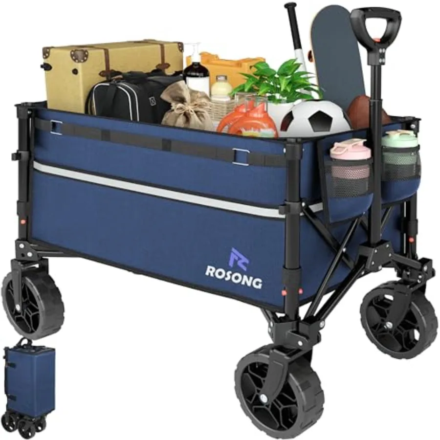 

Foldable Heavy Duty Wagon Cart with Wheels for Grocery Sports Garden Shopping Camping - Navy Blue 120L Capacity
