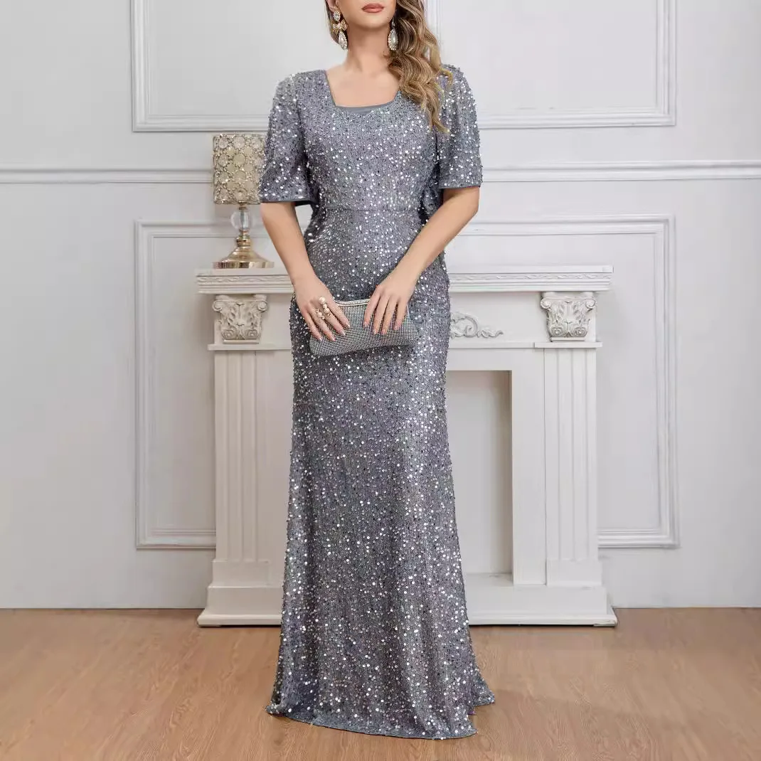 New 2024 Dress Elegant Short Sleeve Square Collar Sequin Slim Fishtail Bridesmaid Banquet Evening for Women