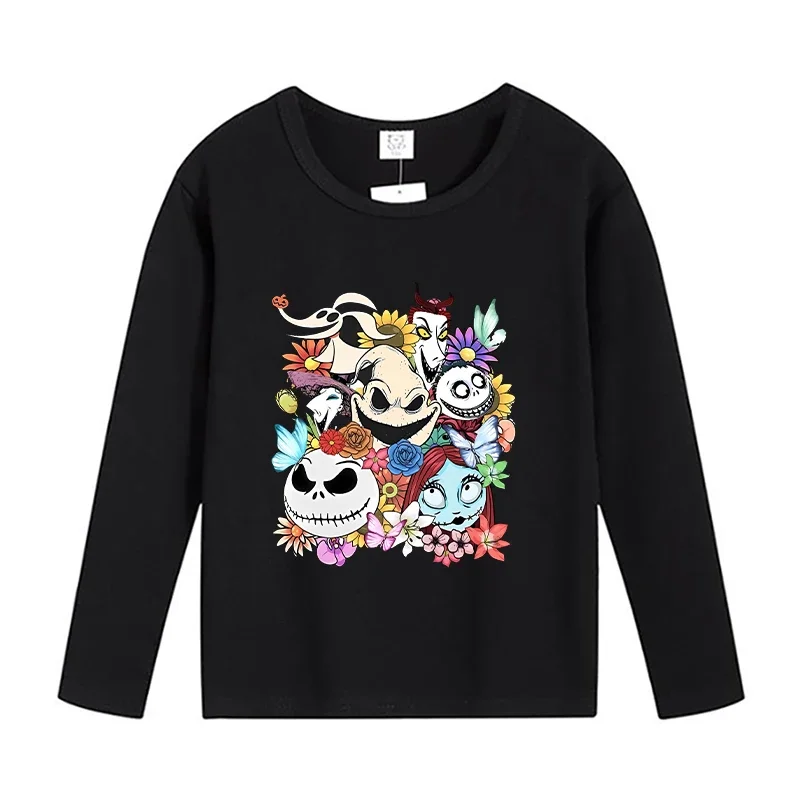 Disney-camiseta negra de manga larga con cuello redondo para niños, ropa fina con estampado de la pesadilla antes de Navidad, Sally Jack, regalo