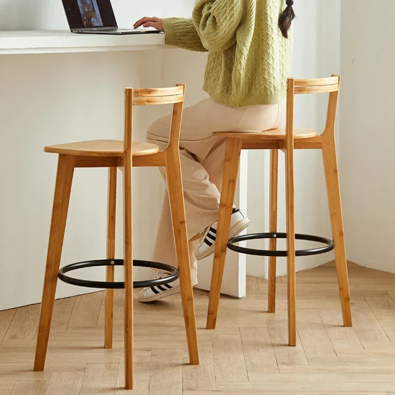 Modern Bamboo Dining Chairs Simple Bar Stools Arc Backrest Counter Stools High Foot Seating Ideal for Milk Tea Shops