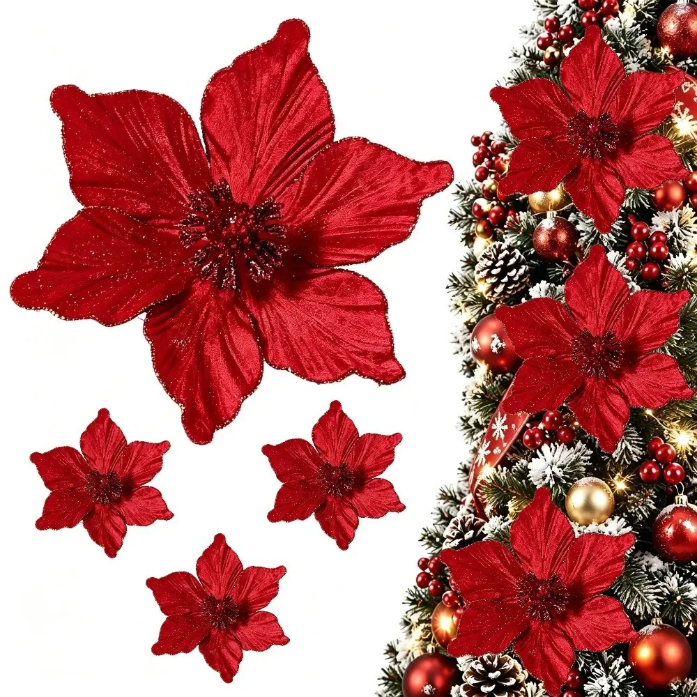 2Pcs Large Glitter Christmas Flowers Artificial Poinsettia Flower Ornaments Fold Floral for Christmas Tree Decorations Xmas Tree