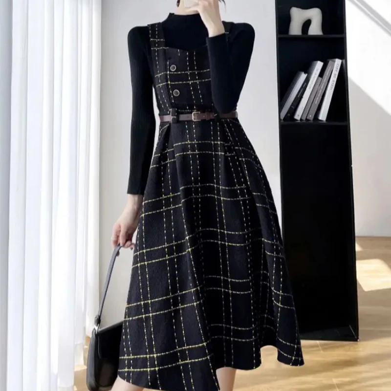 Autumn Winter Lady fashion Overalls 2 Piece Set Dress Women black Knitted Sweater Top + Plaid Tweed Slim Big Swing Midi Dress