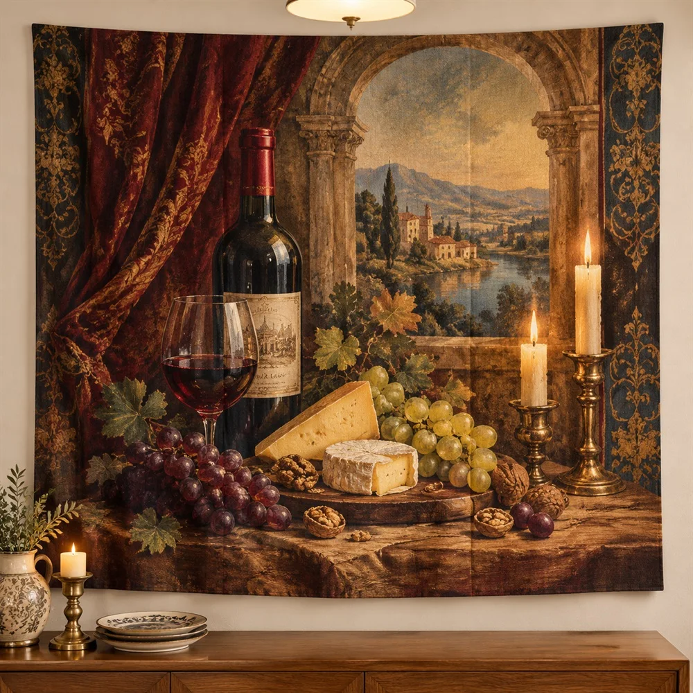 VIKAMA Wine and Cheese Still Life Tapestry Wall Hanging, European Wall Art Tapestries for Bathroom Bedroom Living Room Entryway