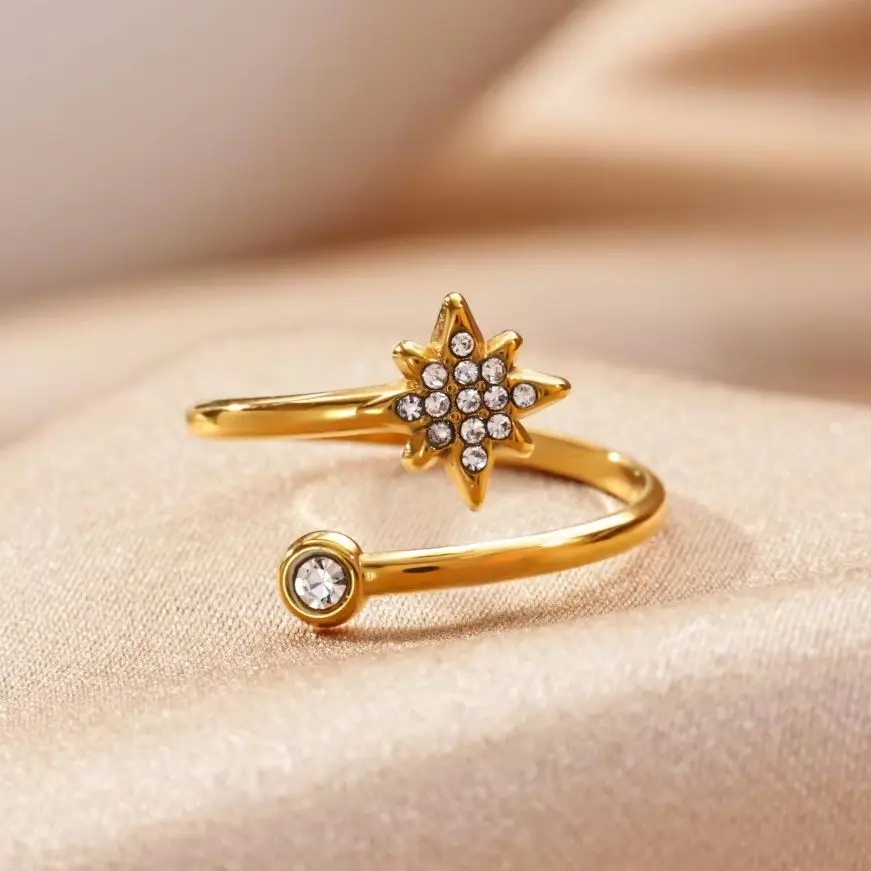 Zirkon-Sternenring für Damen, 18 Karat vergoldeter Edelstahl, geometrische Sterne, verstellbarer Ring, Hochzeit, Party, Schmuck, Geschenk