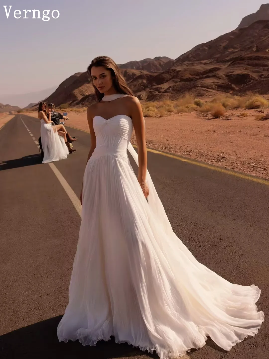 Verngo Modern Pleated Wedding Dress Strapless A Line Shawl Bridal Gowns Women Sweep Train Prom Bride Dress Customized