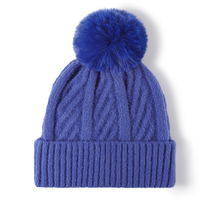

thickened fleece-lined winter hats for women cute pompom blue pink knitting beanies women plush lining warm winter cap