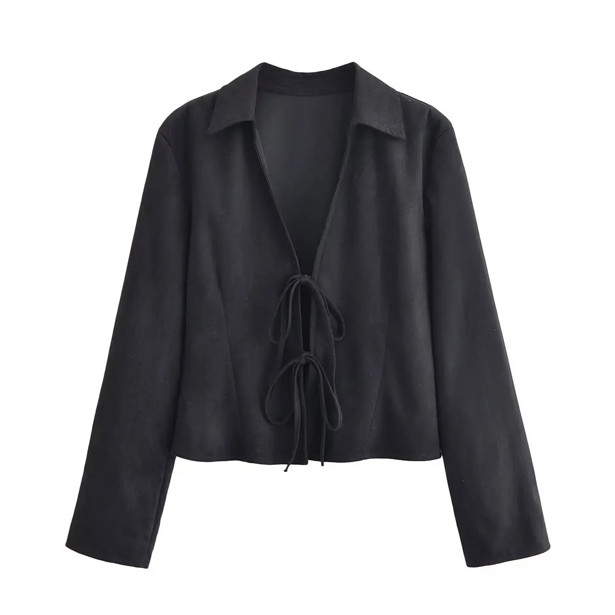 2025 nuovo stile invernale bella e bella camicia slim con scollo a V a maniche lunghe effetto scamosciato camicia con lacci per le donne