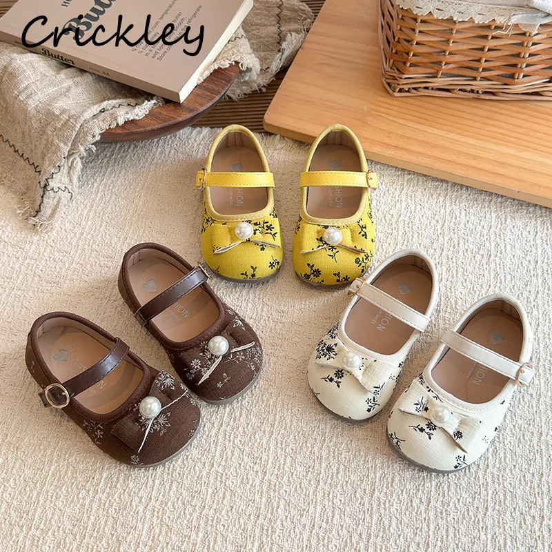 Flowers Pattern Girls Princess Shoes Bow Pearl Toddler Children Flats Shoes Hook Loop Soft Bottom Kids Party Shoes