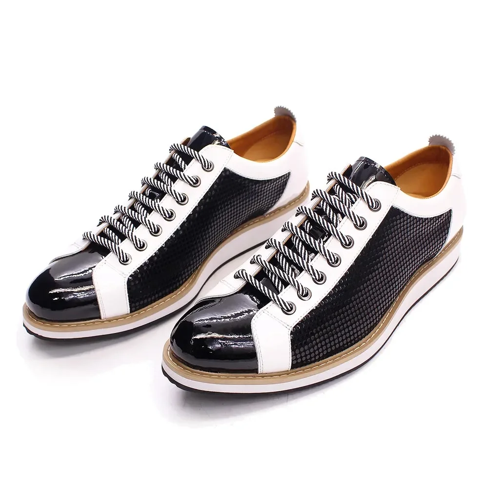 Luxury Brand Large Size Men's Flat Sneakers 6 to 13 Patent Leather Lace-up Black White Casual Shoes for Men