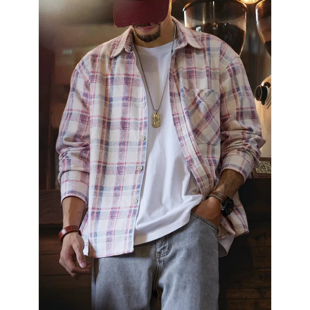 Light Base Red Blue Plaid Flannel Shirt Men Loose Long Sleeve Vintage Casual Oversized Check Shirts