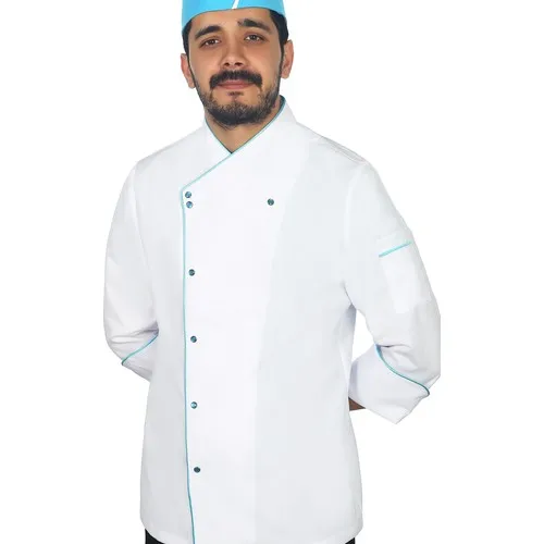 Ropa de trabajo de fiesta, chaqueta blanca turquesa con ribetes de cocinero