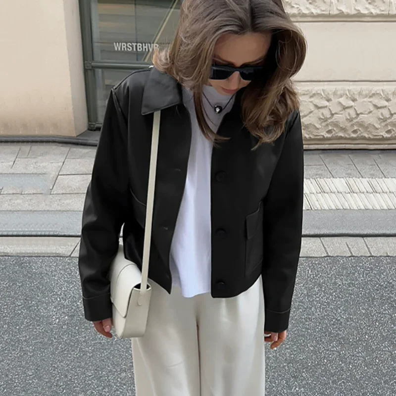 2026 nuove donne giacca corta monopetto in ecopelle Office Lady Casual High Street vestibilità ampia