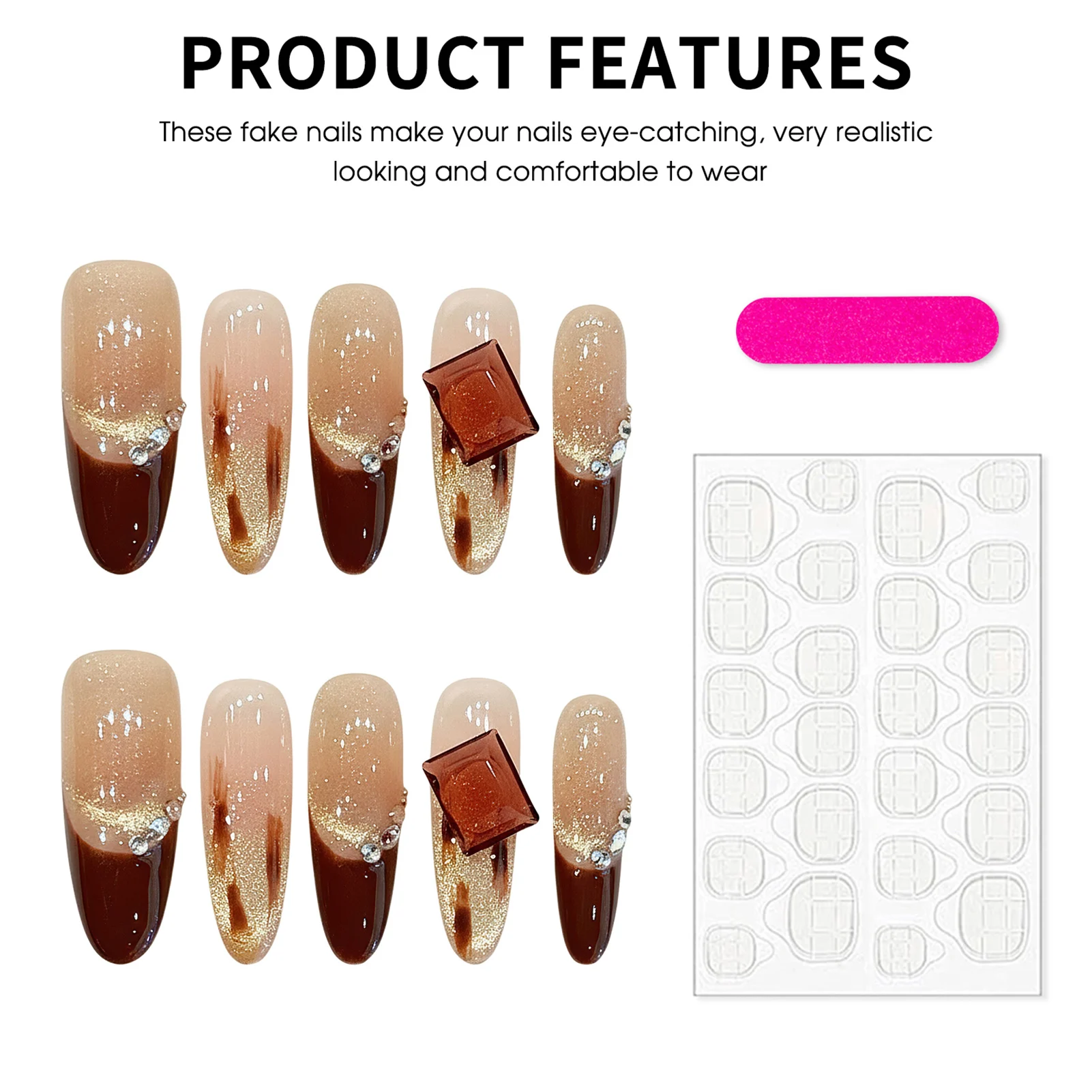 10 pièces marron Style français faux ongles faits à la main brillant or oeil de chat longue amande faux ongles brillant diamant décor presse sur ongles