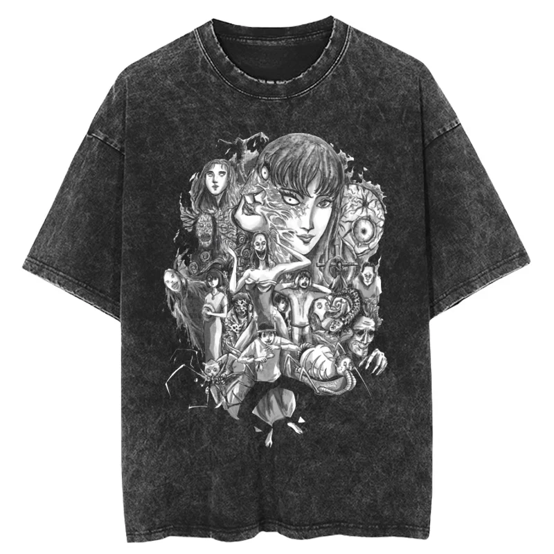 Pop Tomie Junji Ito Retro Washed Antique Short-Sleeved T-Shirt Men's Trendy Brand Japanese High Street Hip-Hop Shirt