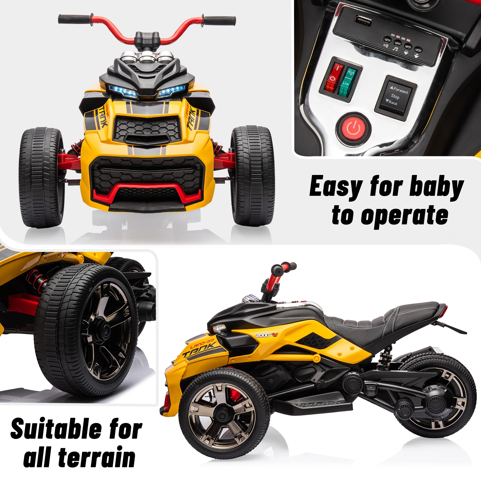 12V 3 Wheeler Ride On ATV Electric Motorcycle, Battery Powered Electric Vehicle w/Led Lights, High & Low Speed, Horn, Music, USB