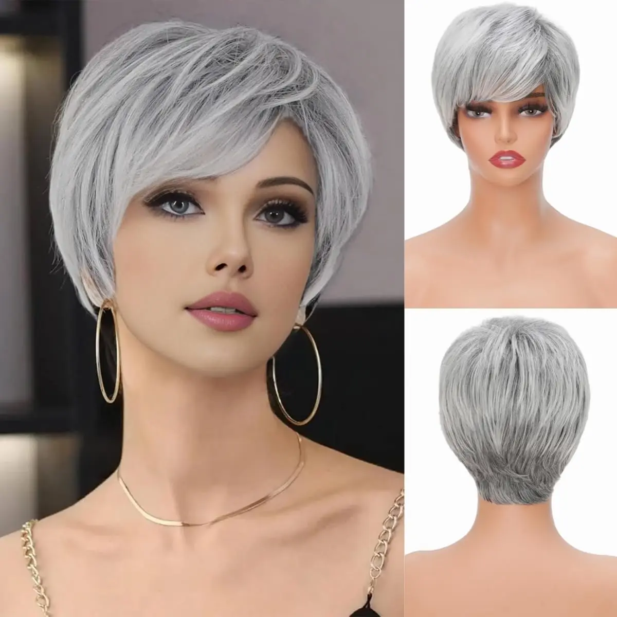 Short Grey Pixie Wig for Women With Bangs Synthetic Wig Heat Resistant Natural Looking Wig Daily Party Costume Halloween Use