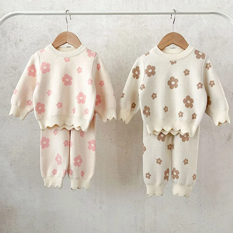 2024 New Autumn Toddler Baby Girl Knitted Clothes Suit Long Sleeved Knitted Printed Pullover Shirt+Pants Children Clothes Set