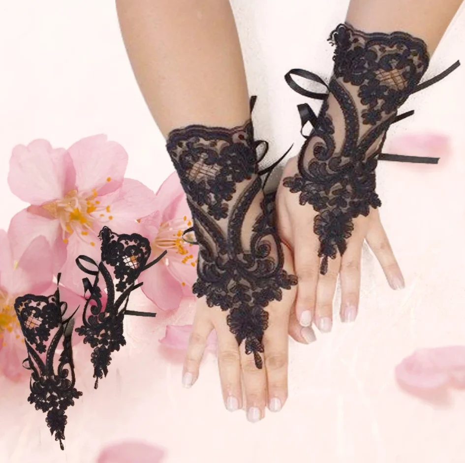 

Новые женские свадебные перчатки без пальцев, кружевные белые, черные, свадебные перчатки высокого качества, варежки, аксессуары, вечерние сексуальные перчатки для девочек Guante