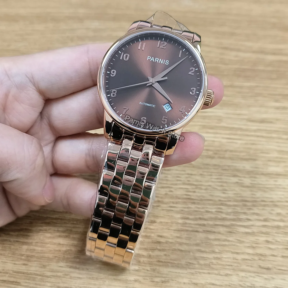 Parnis 38 mm automatico color oro rosa orologio casual da uomo in vetro zaffiro indicatore della data