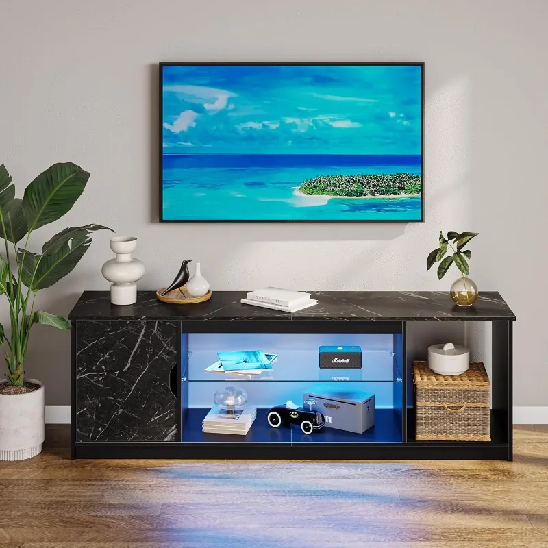 Led Entertainment Center for PS5, Gaming TV Stand with Cabinet for 60/65 Inch TV, Modern TV Console with Adjustable Glass Shelf