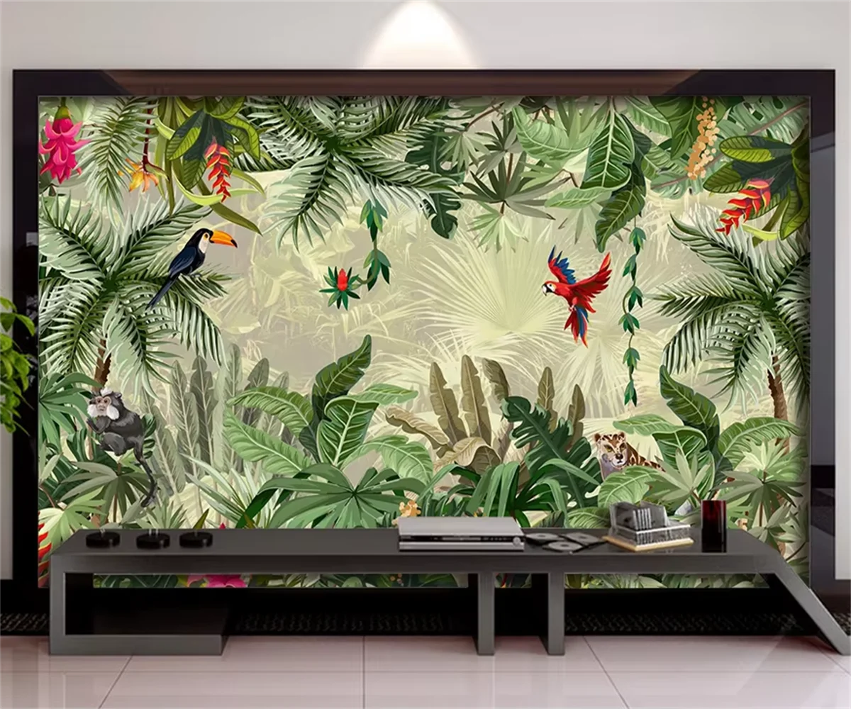 Customized cartoon mural wallpaper hand drawn Animal leaves Plant bird children's room indoor background Decoration wallpaper