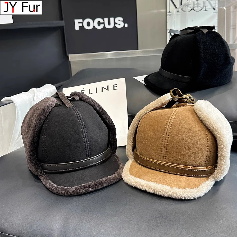 

Real Fur Wool Hat Unisex New Winter Warm Bomber Russian Ushanka Hats With Ear Flaps Cow Leather Thick Snow Earflaps Baseball Cap