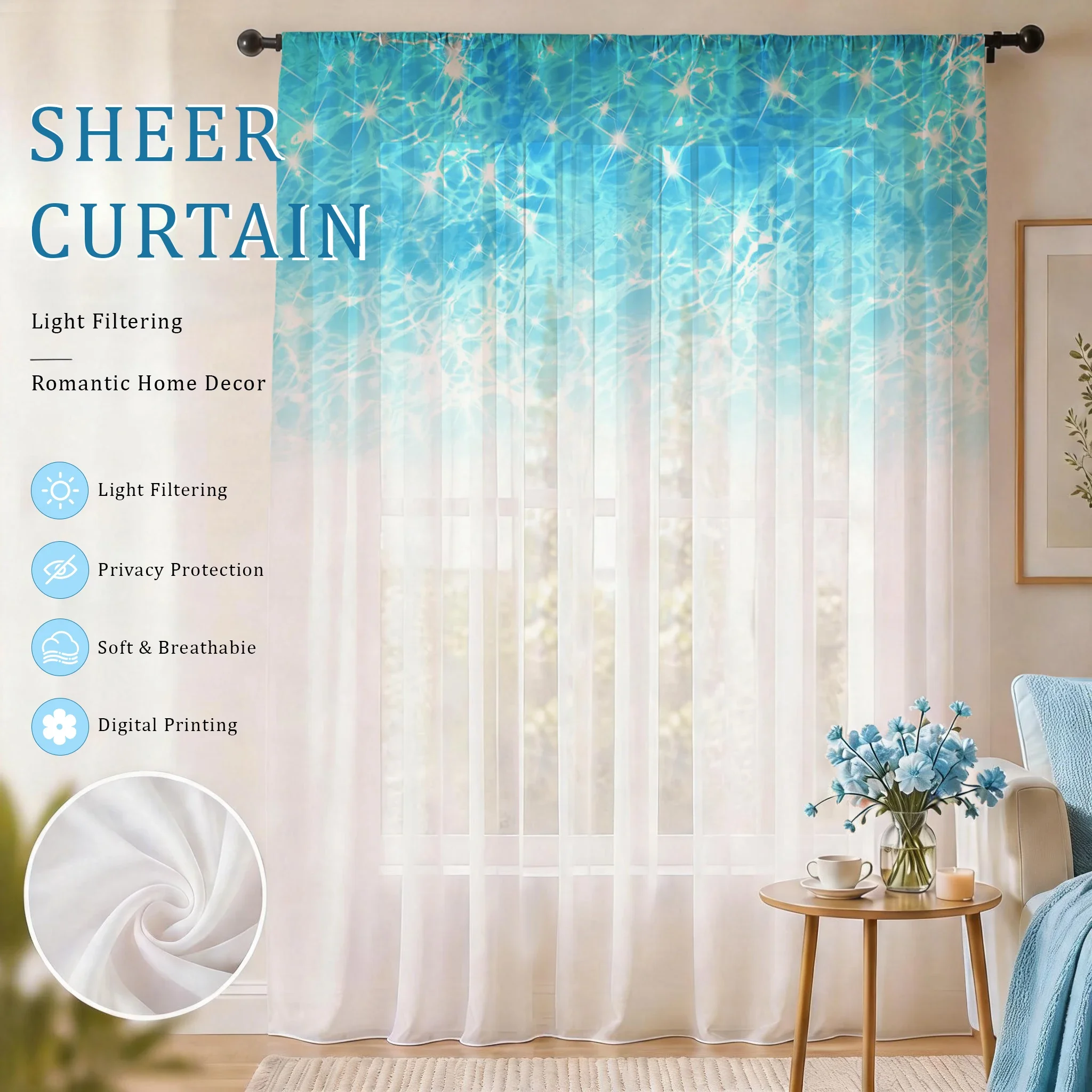 Blue Modern Gradient Sheer Curtain, Good Quality AsazalLight Reducing Luxurious Privacy Voile For Living/Bedroom/Kids Room, Gift