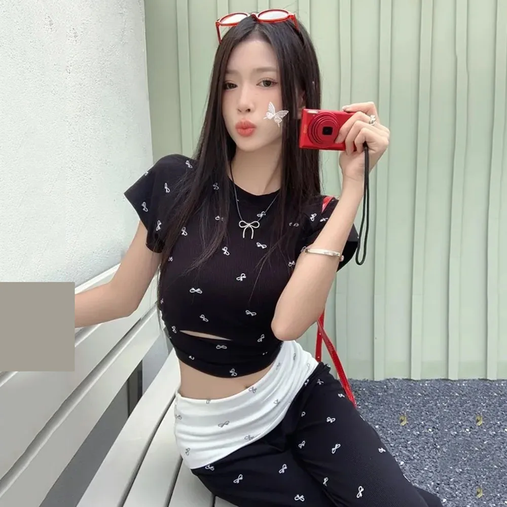 Fashion Two-piece Set Women's Summer Hollow Short Sleeve T-shirt Contrasting Bow Casual Pants Sweet Hot Girl Suit Female Clothes