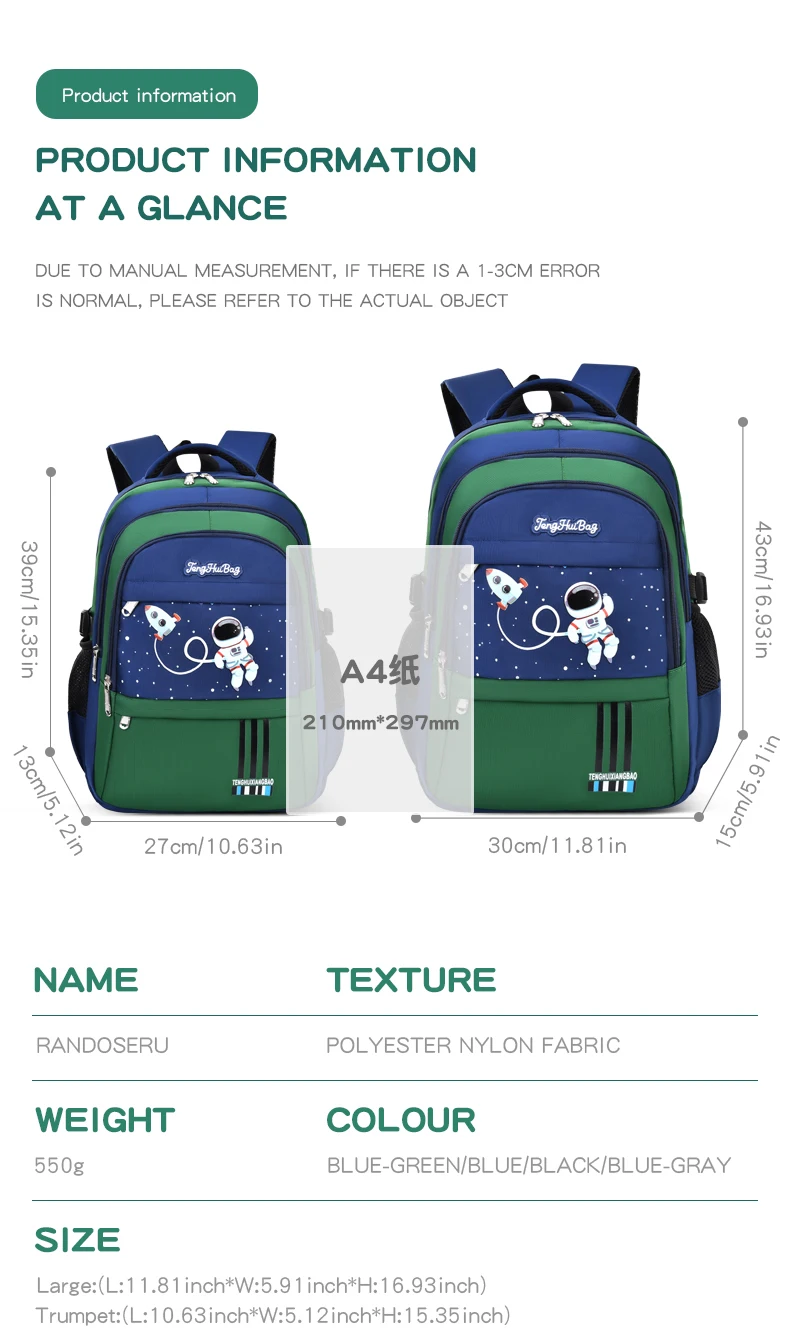 Grundschüler Schultasche Jungen 1,2,3,4,5,6 Klassen 6-12 Jahre alt Astronaut Umhängetasche Laptop Rucksack Wasserdicht WEA – Detail 3