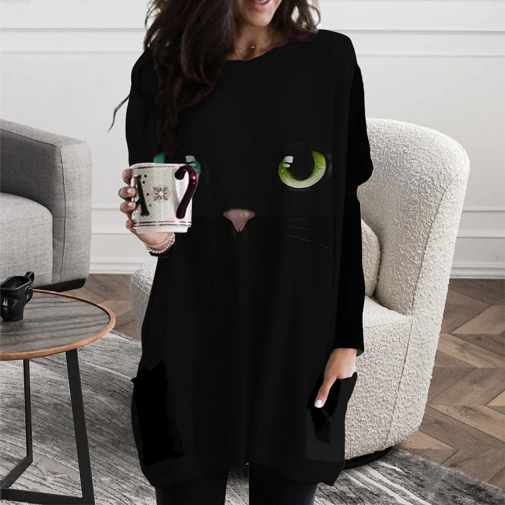 Autumn and winter 2023 new long hoodless sweatshirt 3D printing Halloween Black Cat pattern top Harajuku Y2K clothing