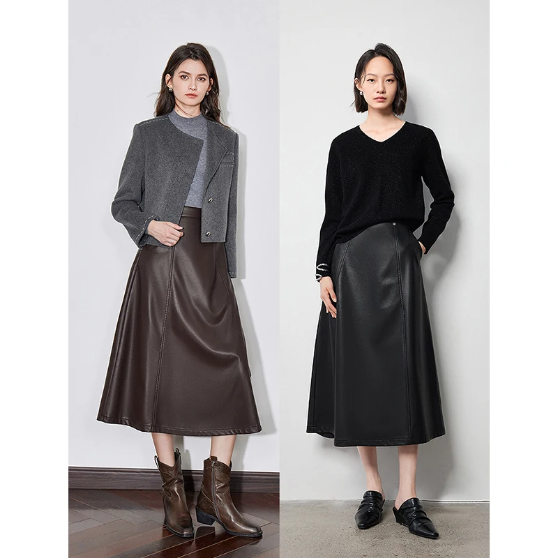 TOYOUTH Female PU leather Skirt 2024 Autumn New High Elastic Waisted A Line Mid Length Skirt