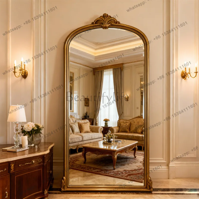 yj9 French retro full body arched floor mirror wooden Nordic style home cloakroom fitting mirror