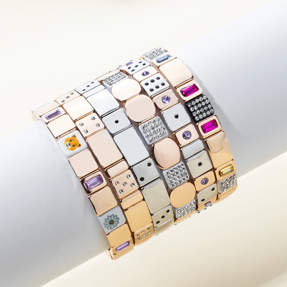 2024 New Fashion Gold Color Enamel Dice Bead Bracelet for Women Bohemian Beads Inlaid Colorful Zircon Elastic Jewelry Accessory