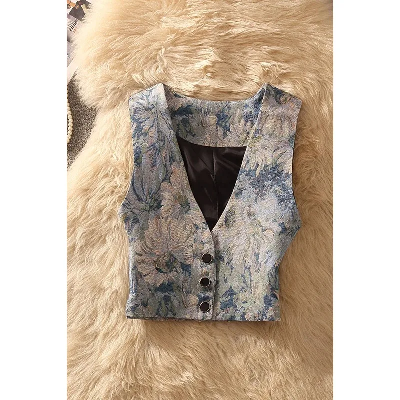 Women Vintage Floral Jacquard Vest V Neck Sleeveless Cropped Casual Summer Outerwear