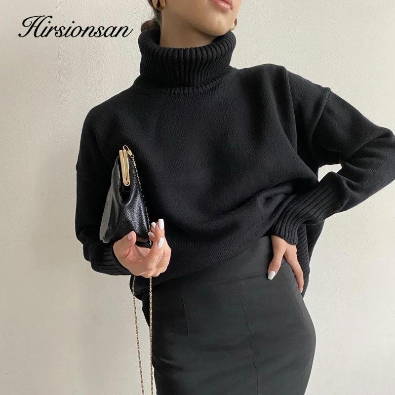 Hirsionsan-suéter de Cachemira con cuello de tortuga para mujer, Jersey elegante de punto grueso y cálido, básico y holgado, invierno, 2023