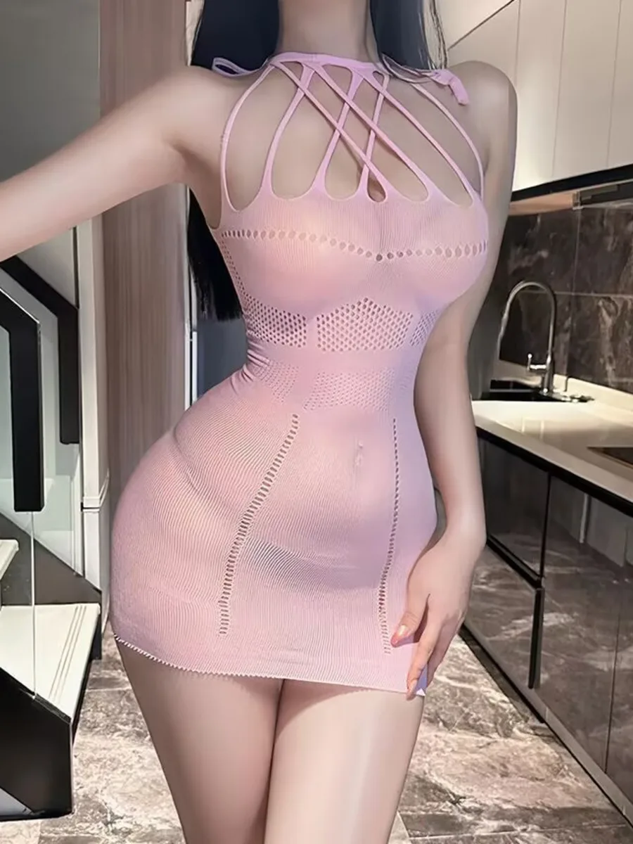 Erotic Hollow Out Mesh Bodycon Dress Elegant Chest-revealing Sexy Pure Desire Solid Color Wrap Hip Dress For Women Charming UTHM