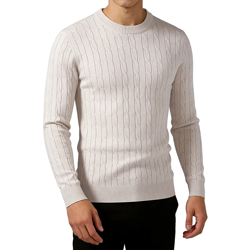 Men's Solid Color Round Neck Knitted Sweater Warm Casual Pullover with Fried Dough Twists for Spring Autumn