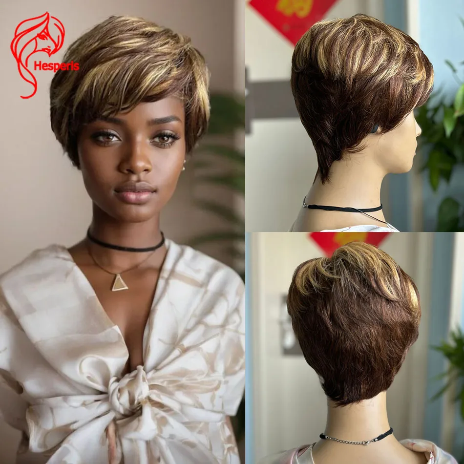 

Hesperis Blonde Highlight Brown Pixie Cut Wig With Bangs Brazilian Remy Full Machine Made Wig Short Bob Human Hair Wig