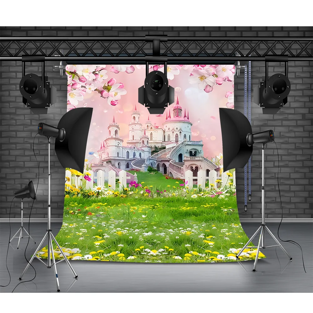 

Cartoon Outdoor Scenery Photography Backdrops Props Flower Spring Fairy Tale Blue Sky Green Leaves Grass Photo Background QY-02