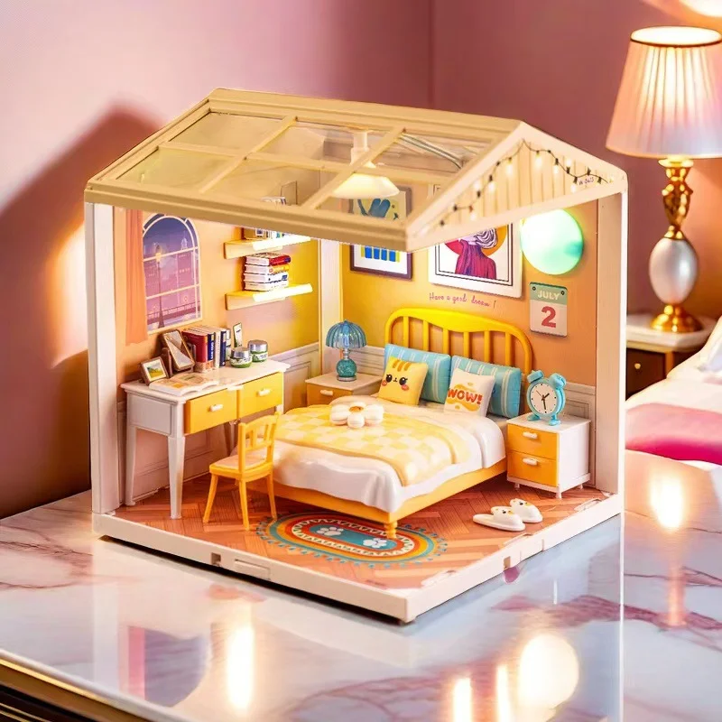 Casa en miniatura DIY, casa de muñecas hecha a mano, modelo de ensamblaje de construcción, escena de dormitorio de cocina simulada, juguete para juego de imitación, decoración del hogar