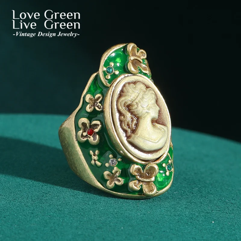

Vintage Antique Relief Cameo Rings Green Jewelry Flower Beauty'S Head For Women Natural Stone Coral Party Finger Accessories